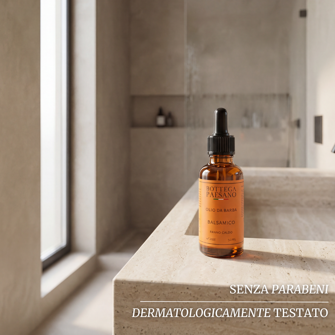Olio da barba panno caldo balsamico Bottega Paesano — prodotto aperto