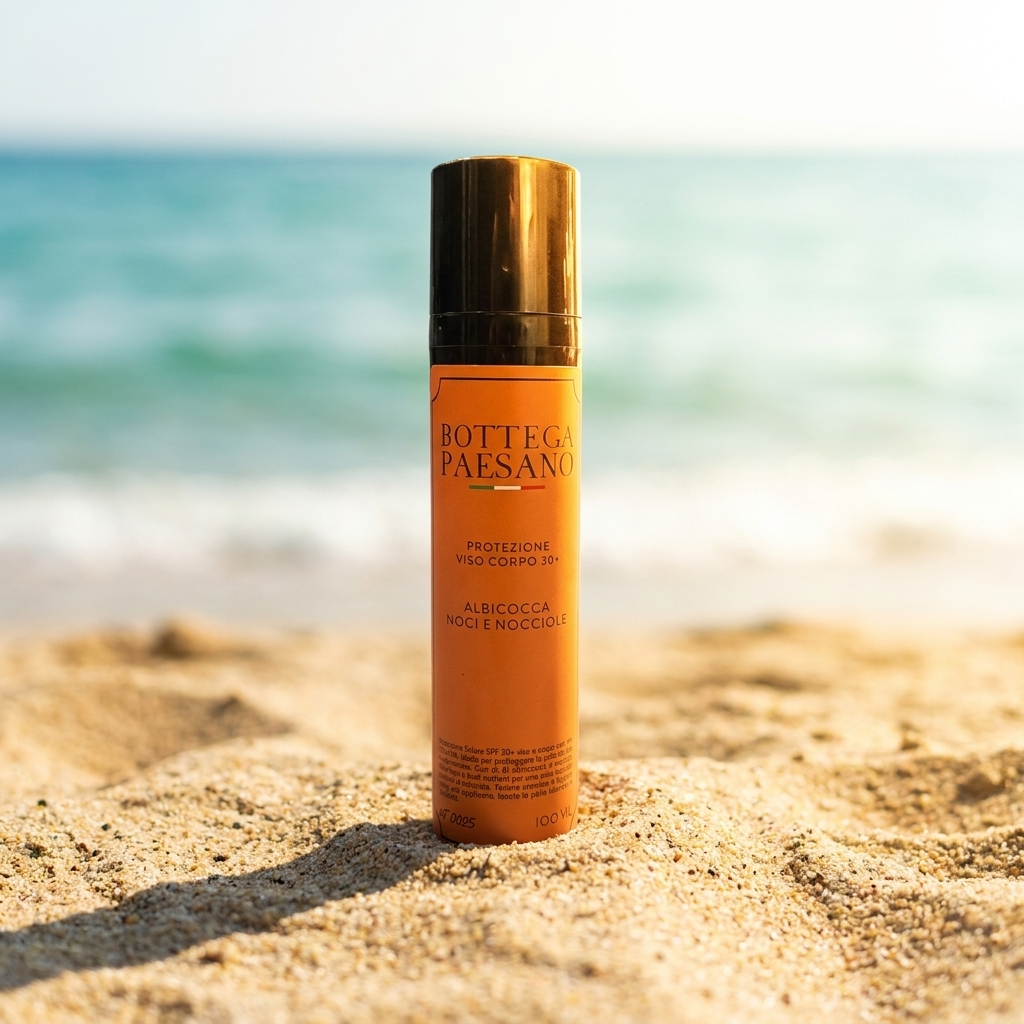 Protezione Solare SPF 50+ in spiaggia sabbia mare - Bottega Paesano