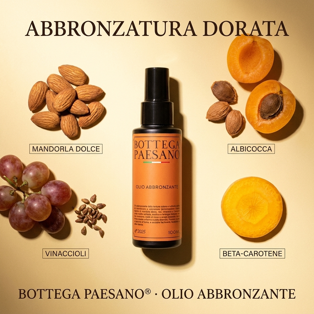 Olio Abbronzante ingredienti mandorla vinaccioli betacarotene - Bottega Paesano