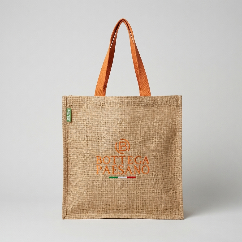 Tote bag in juta Bottega Paesano con logo ricamato, vista frontale