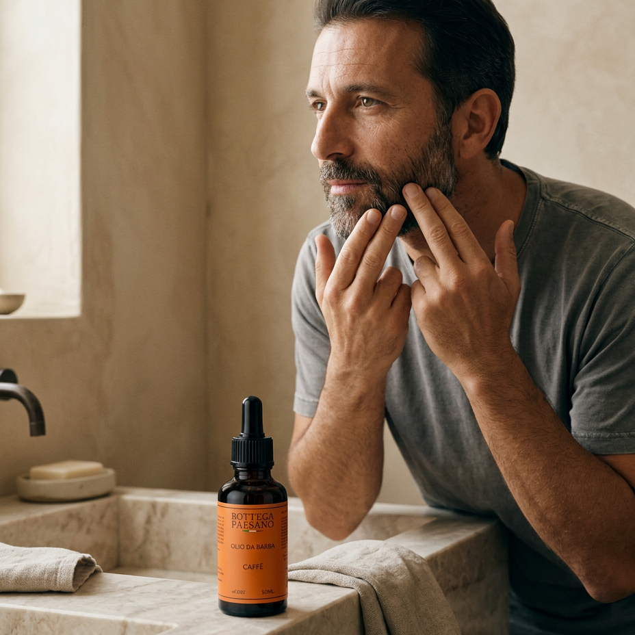 Collezione Barba e Viso Bottega Paesano — editoriale naturale, olio da barba applicato al lavabo, made in Italy