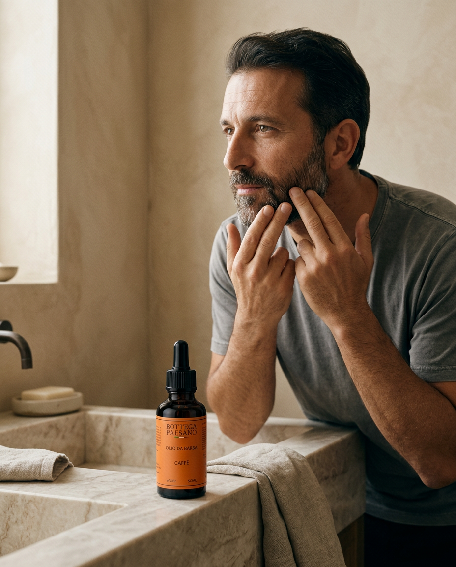 Collezione Barba e Viso Bottega Paesano — editoriale naturale, olio da barba applicato al lavabo, made in Italy