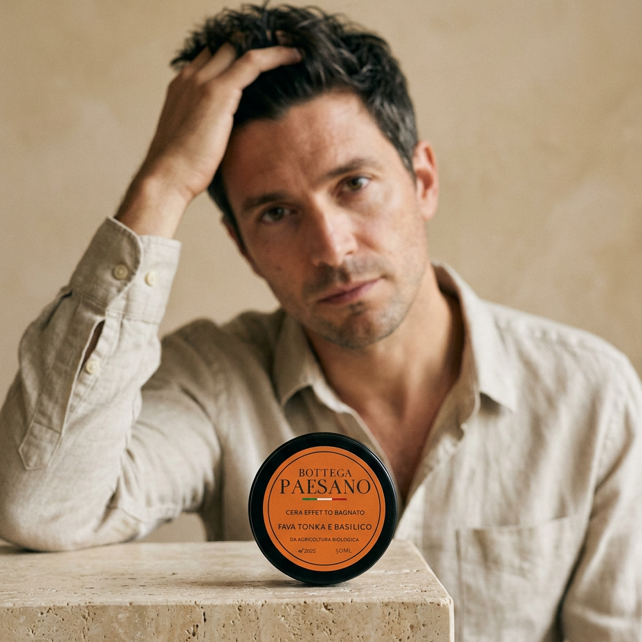 Collezione Capelli Bottega Paesano — editoriale naturale con modello e cera, prodotti capelli made in Italy