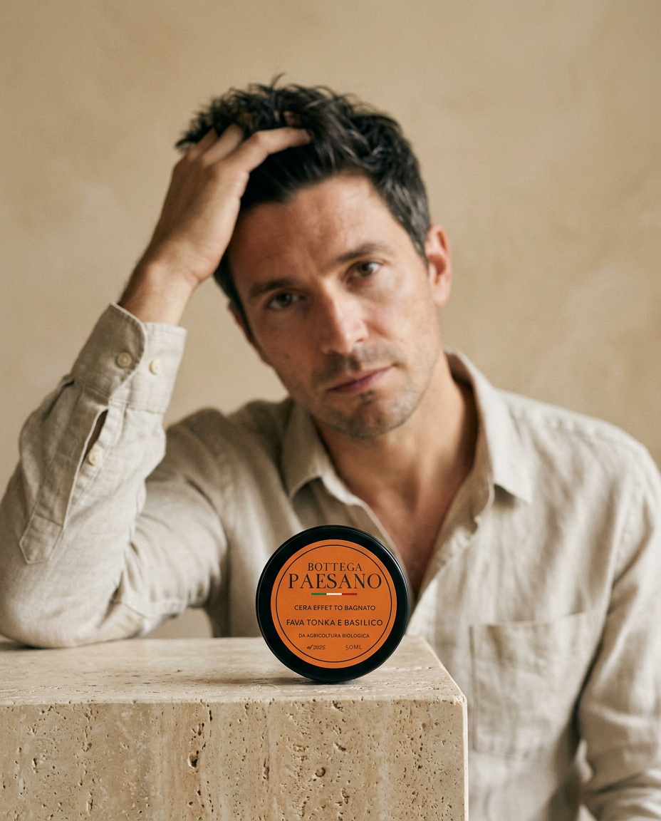 Collezione Capelli Bottega Paesano — editoriale naturale con modello e cera, prodotti capelli made in Italy