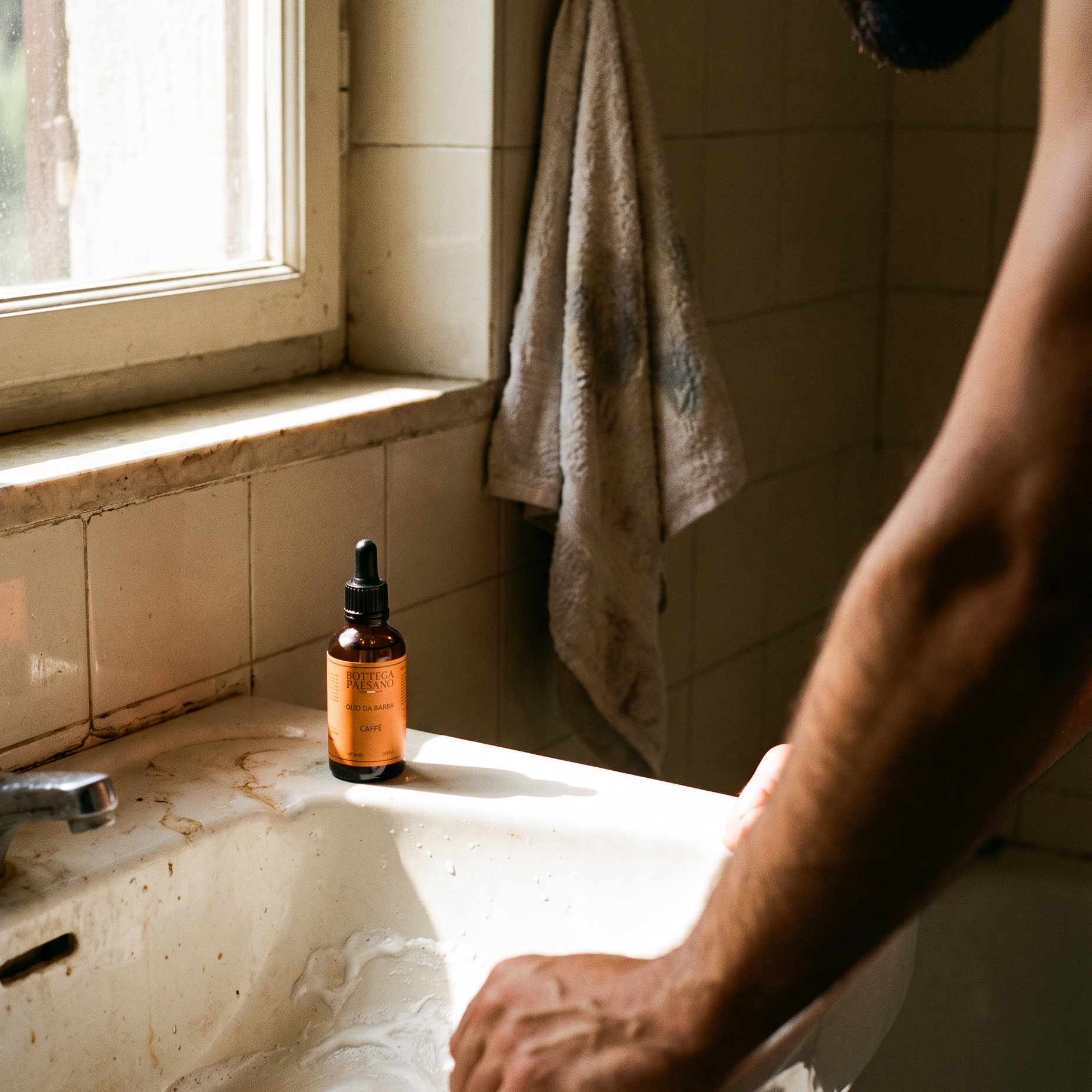 Uomo al lavabo dopo la rasatura, prodotto barba Bottega Paesano sul bordo