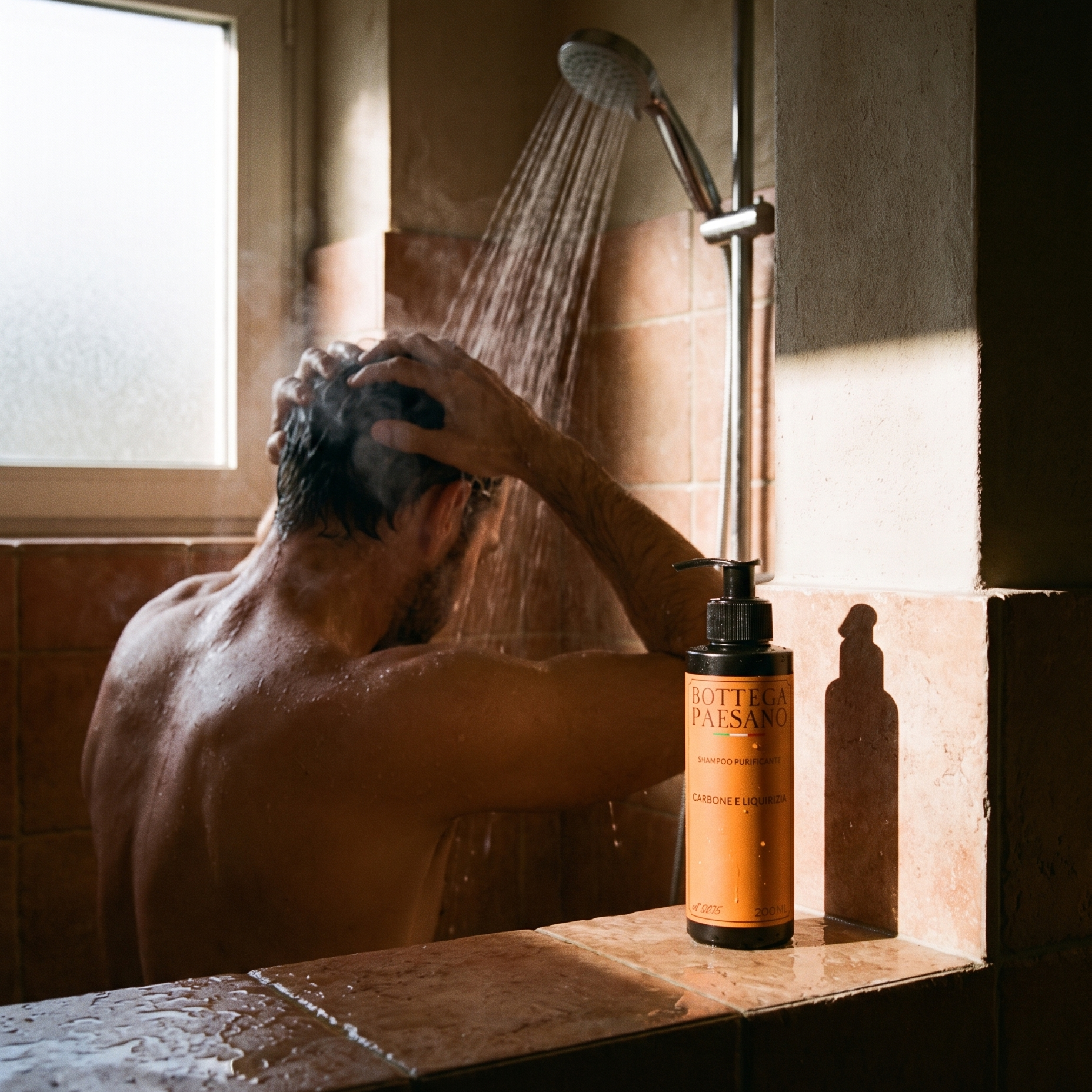 Uomo sotto la doccia si lava i capelli, shampoo purificante Bottega Paesano