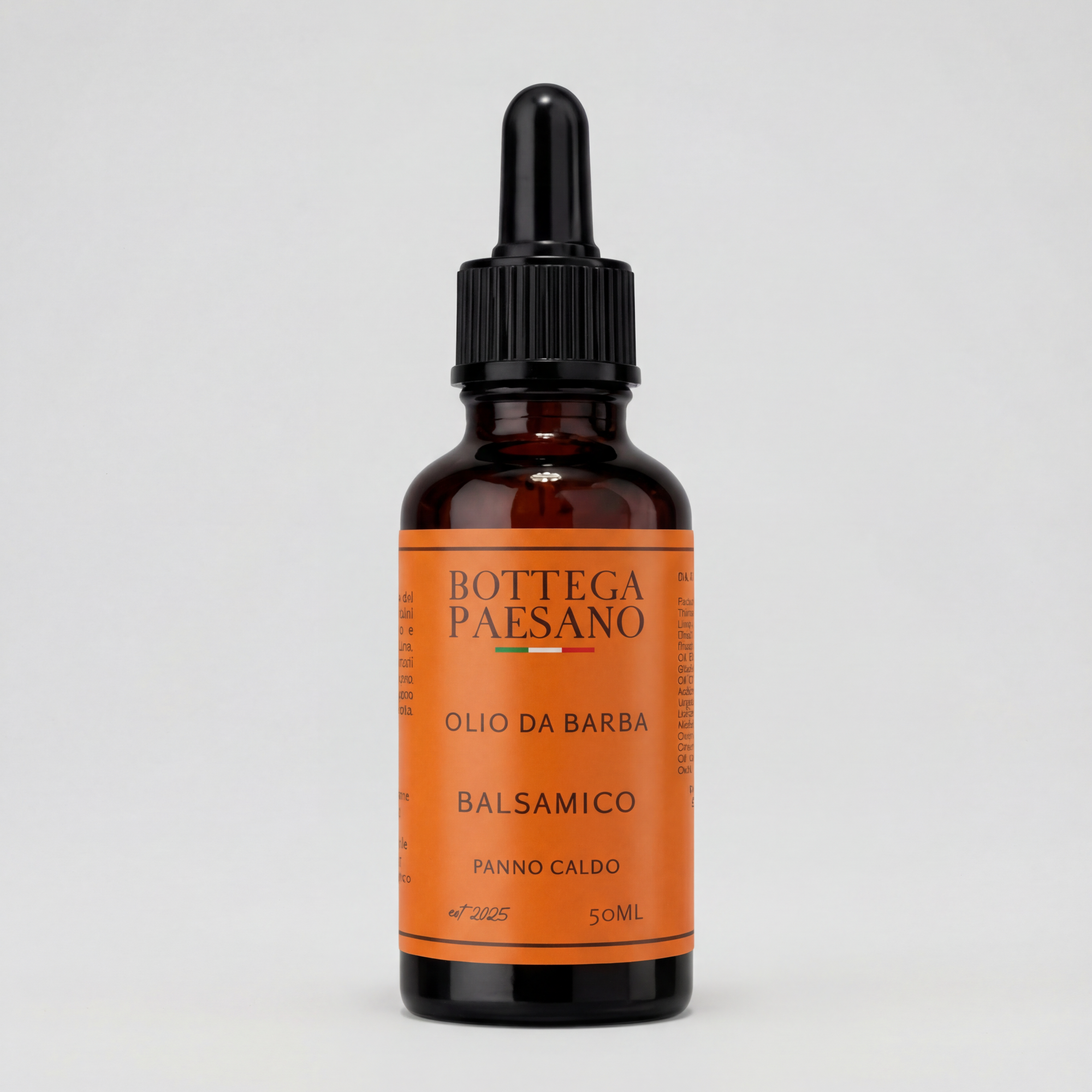 Olio da barba panno caldo balsamico Bottega Paesano — pack shot fronte