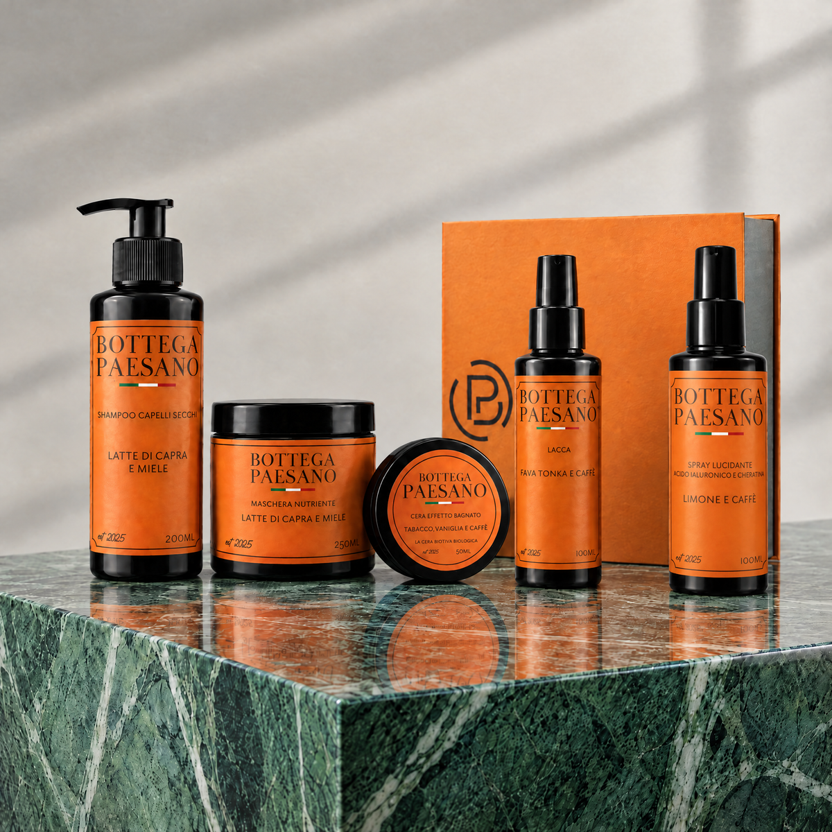 Box Capelli Lisci Perfetti 5 in 1 Bottega Paesano: shampoo e maschera al latte di capra, cera tabacco e vaniglia, lacca fava tonka, spray lucidante acido ialuronico e cheratina