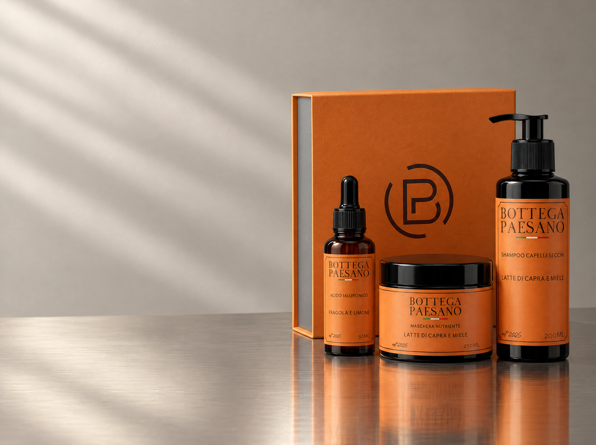Kit Bottega Paesano: box arancio con shampoo e maschera Latte di Capra e Miele e Acido Ialuronico