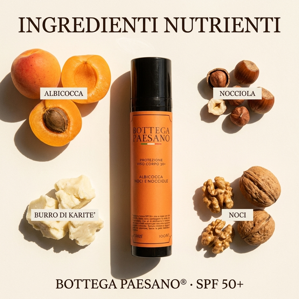Protezione Solare ingredienti albicocca noci nocciola karite - Bottega Paesano