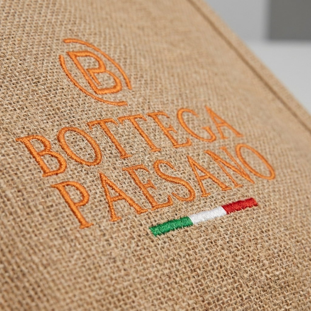 Dettaglio ricamo logo Bottega Paesano su juta