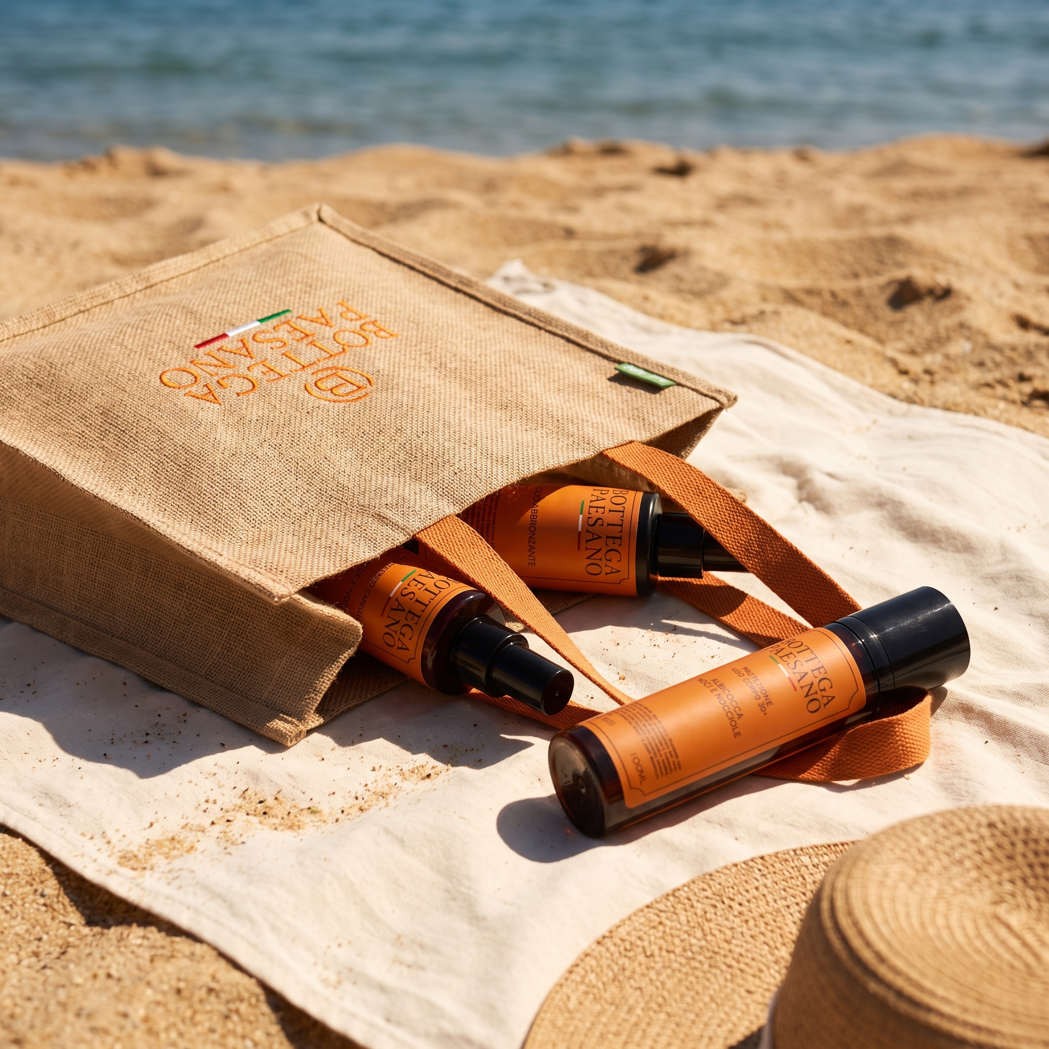 Kit Routine Mare 3 in 1 - borsa in juta Bottega Paesano sul telo in spiaggia