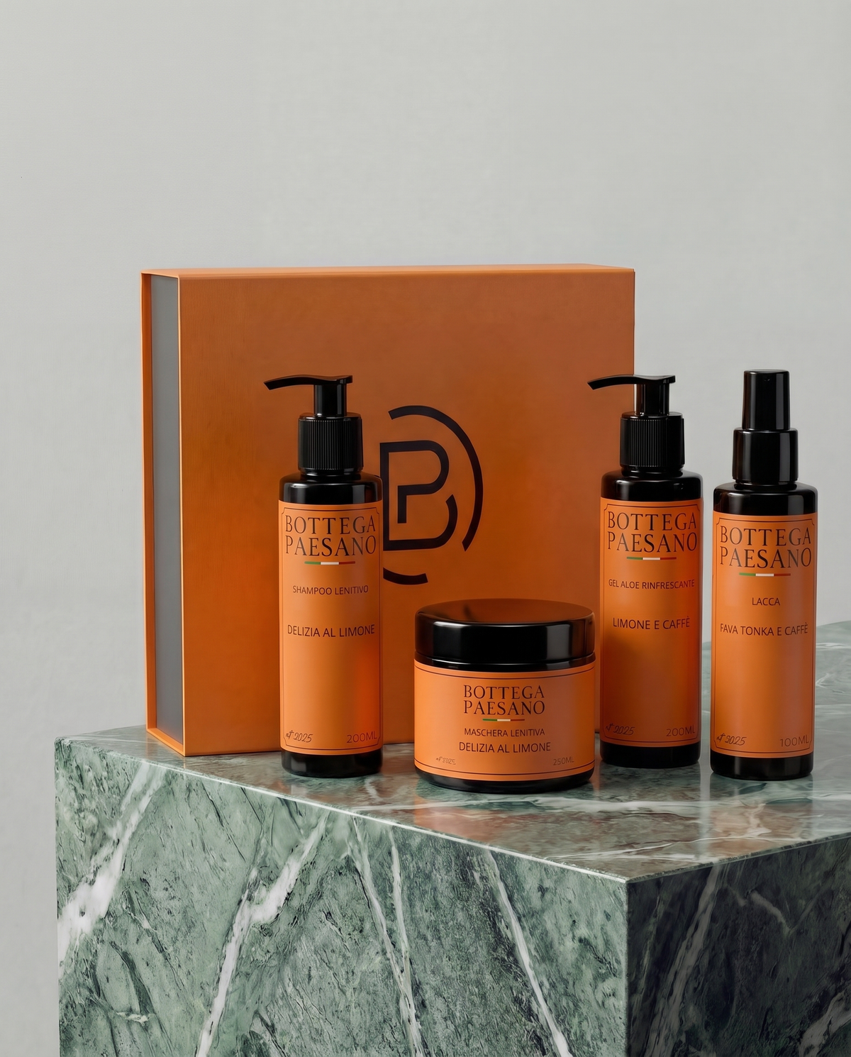 Box 4 in 1 Capelli e Viso Bottega Paesano: Shampoo Lenitivo, Maschera Lenitiva Delizia al Limone, Gel Aloe Rinfrescante e Lacca Fava Tonka